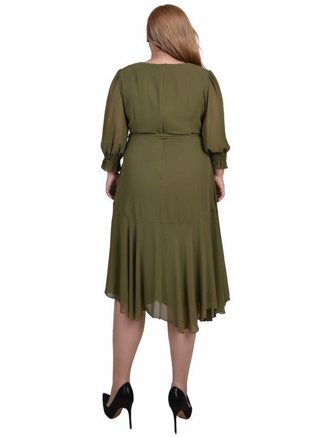 3/4 Sleeve Belted Chiffon Hankerchief Hem Dress, , alternate image number 3