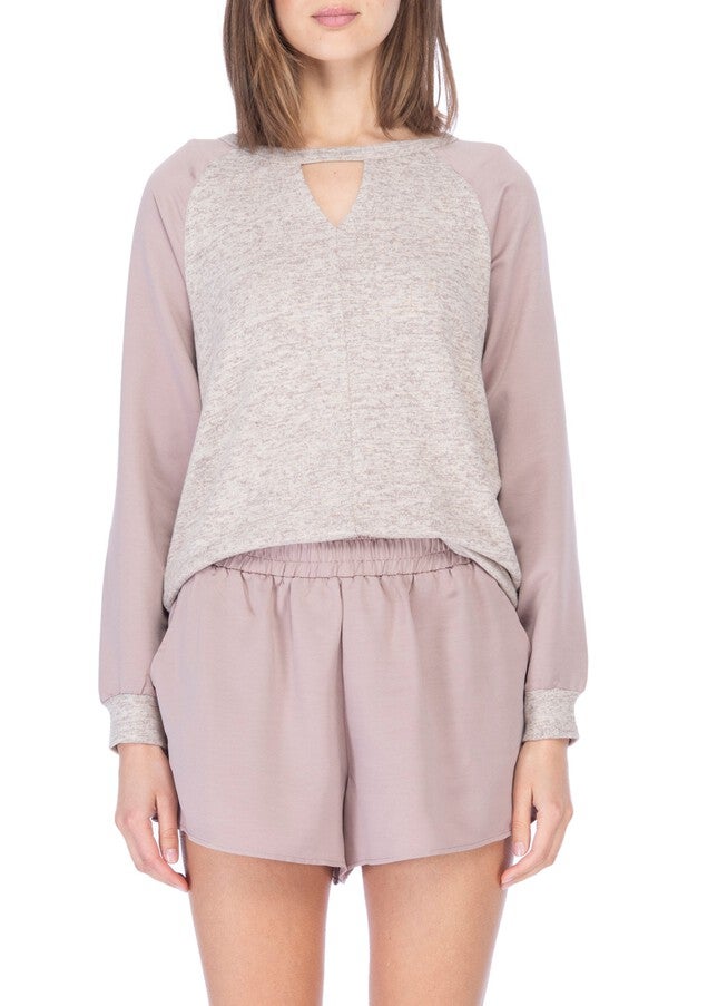 V Neck Cut Out Raglan Pullover, H. Oatmeal, hi-res image number null