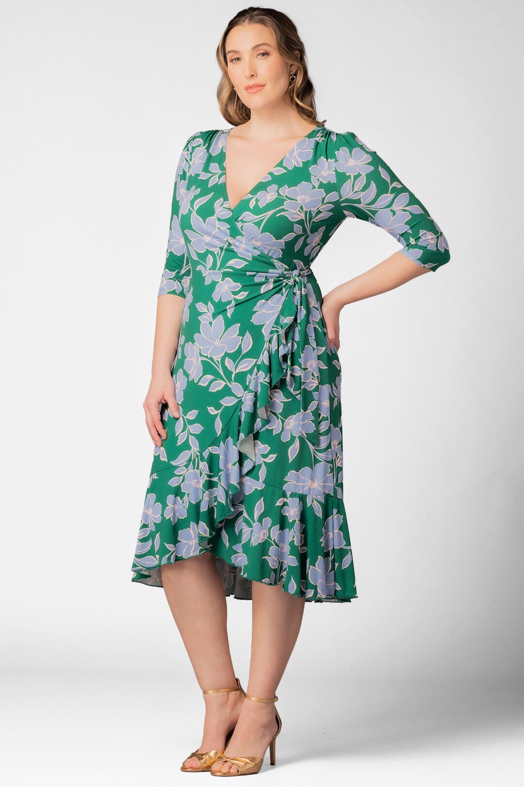 Flirty Flounce Wrap Dress, Green  Blue Florals / Kelly Green, alternate image number 3