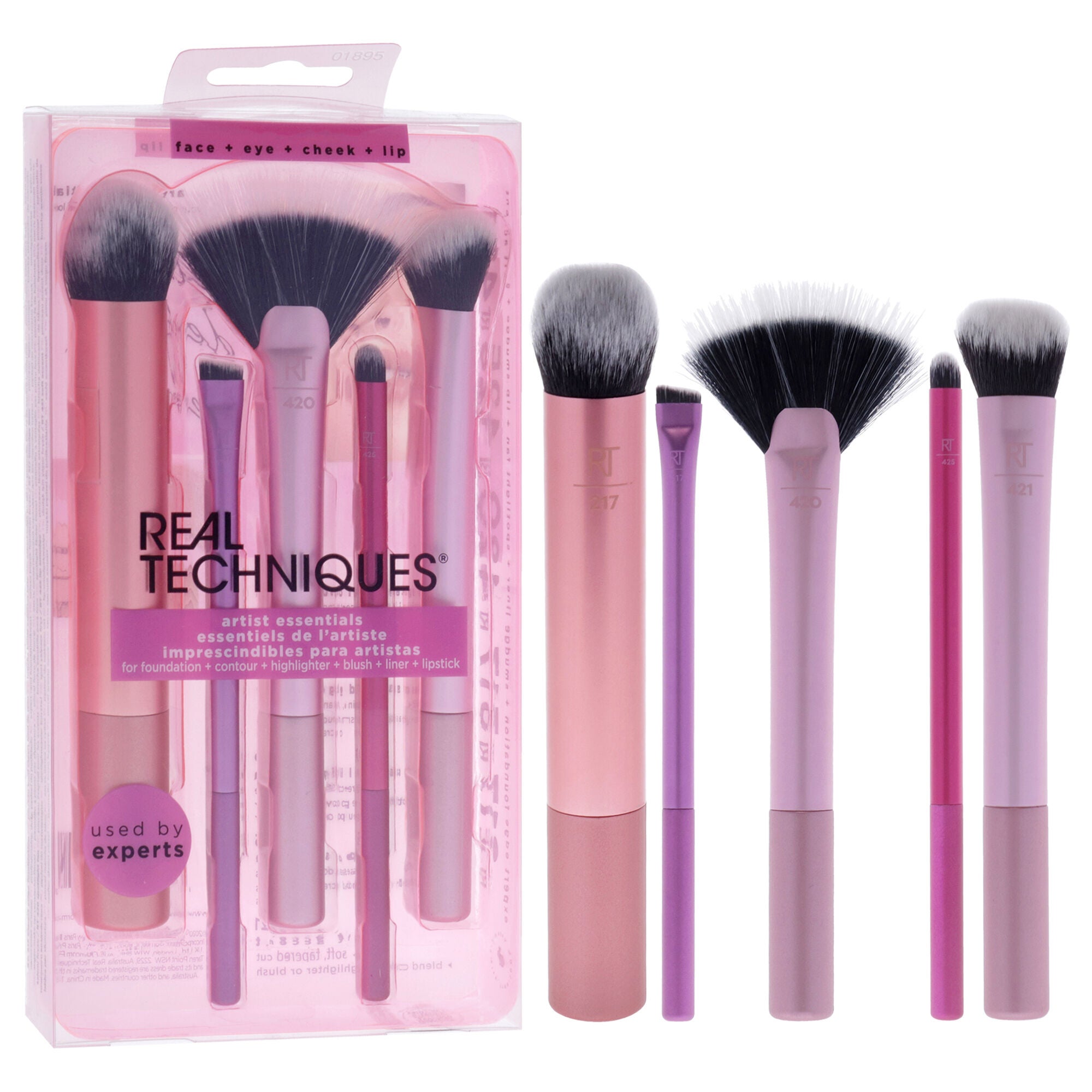 Artist Essentials Set by Real Techniques for Women - 5 Pc Expert Edge Foundation Brush - 217, Smudge Liner Brush - 317, Spotlight Fan Brush - 420, Lip Smudge Brush - 425, Soft Accent Brush - 421, Multi, alternate image number 1