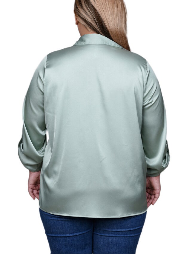 3/4 Sleeve Roll Tab Satin Blouse, Frosty Green, alternate image number 1
