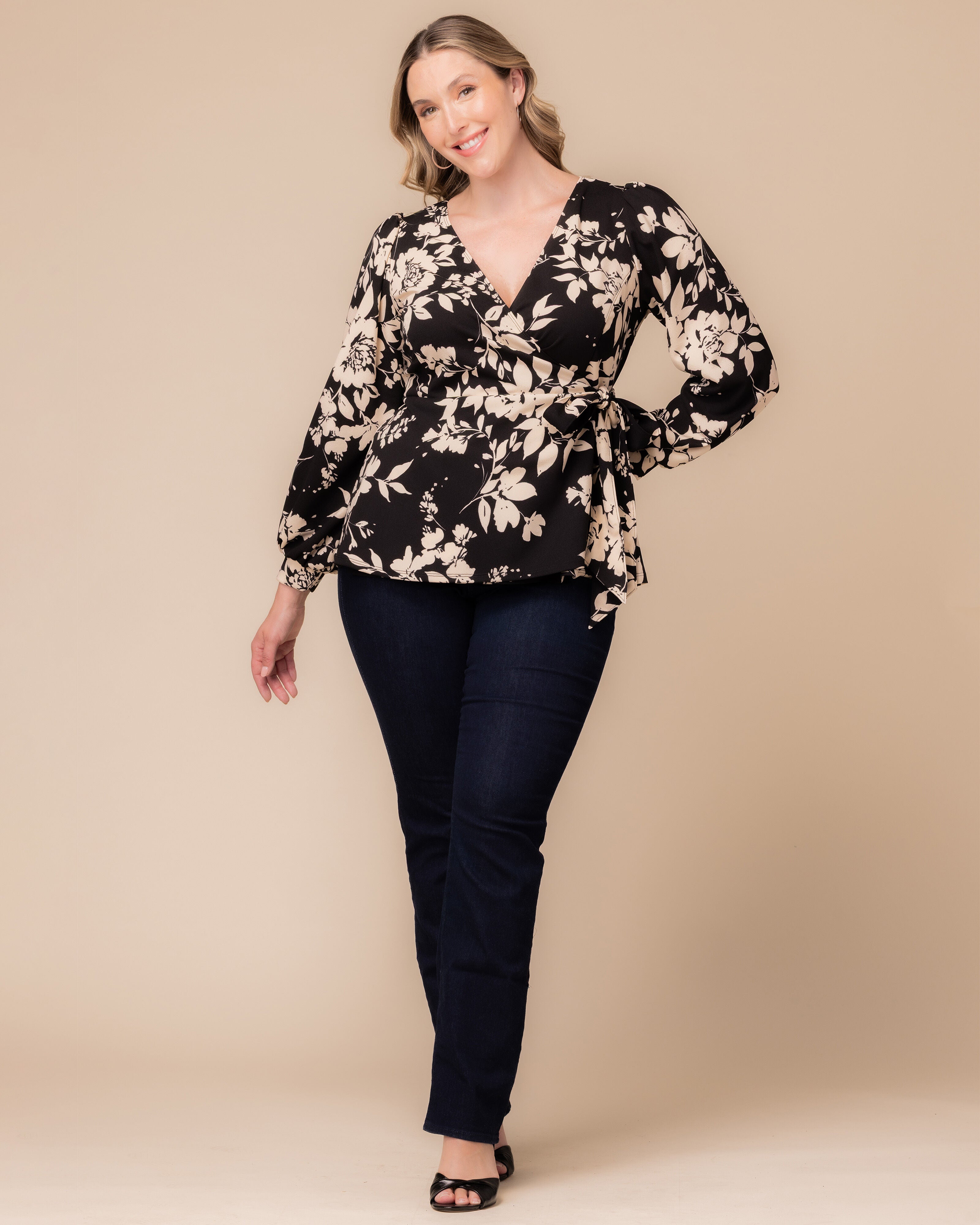 Natasha Long Sleeve Wrap Top, VINTAGE IVORY FLORALS / Black, alternate image number 3