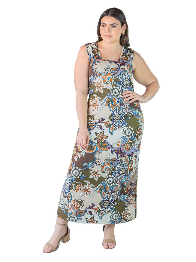 Plus Size Tan Paisley Print Razorback Tank Casual Maxi Dress | OneStopPlus