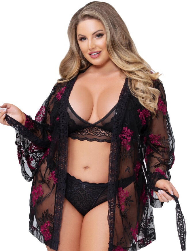 Embroidered Floral Robe, Black, hi-res image number null