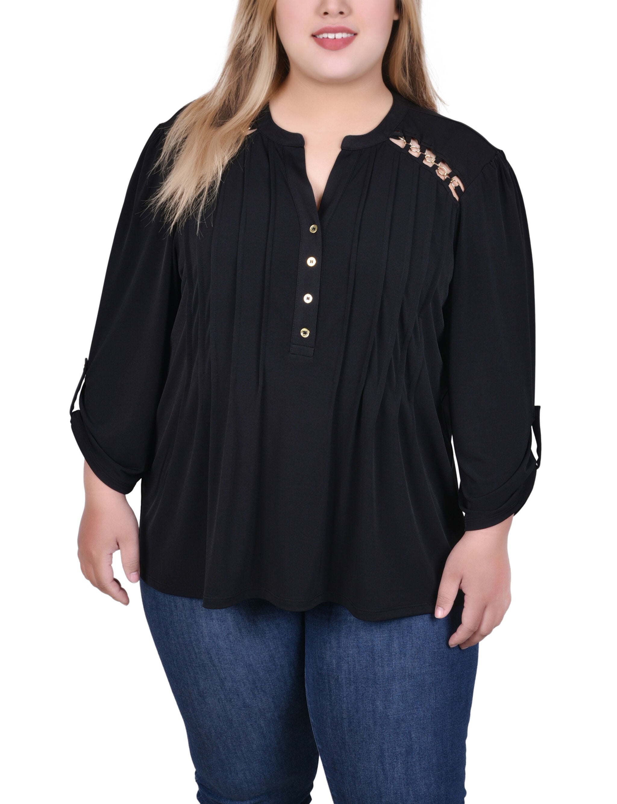 Long Sleeve Pintuck Front Top With Chain Details, Black, hi-res image number 0