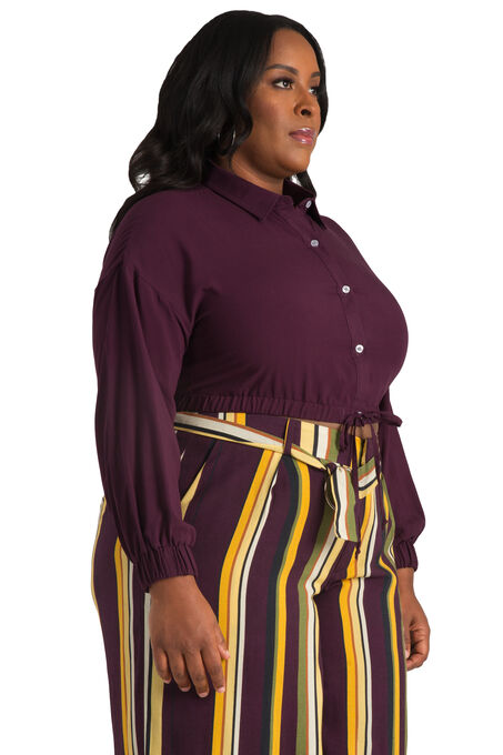 Plus Size Curvy Women's Solid Rayon Challis Cropped Button Down Tie Front Shirt, , alternate image number null