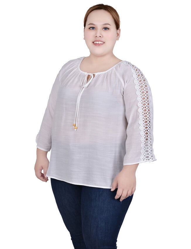 3/4 Sleeve Crochet Detail Blouse, , alternate image number null