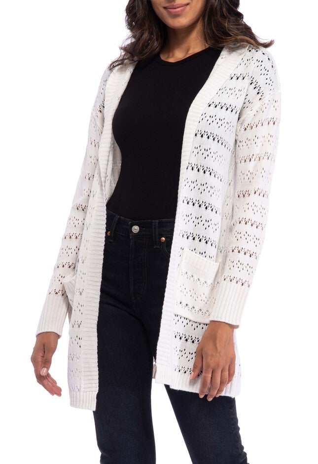 Connie Hooded Pointelle Knit Cardigan, Ivory, hi-res image number null