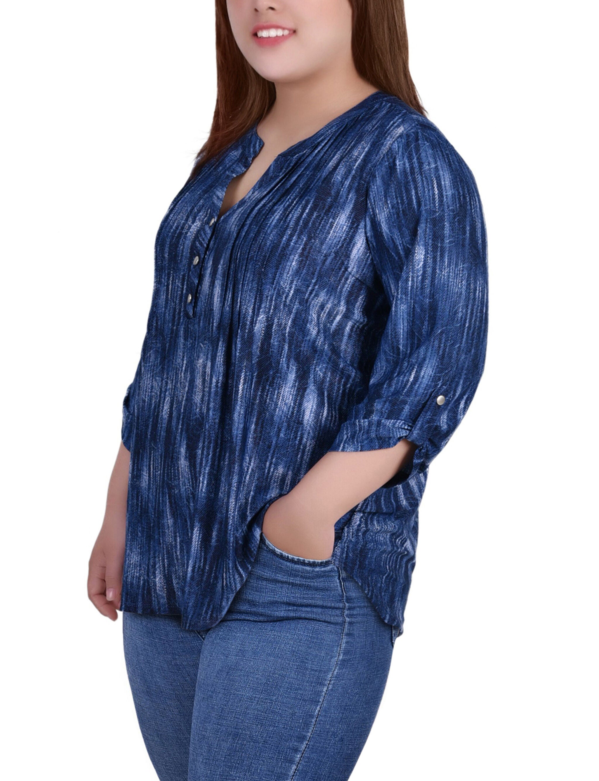 3/4 Sleeve Y Neck Top, Denim Tiedye, alternate image number 1