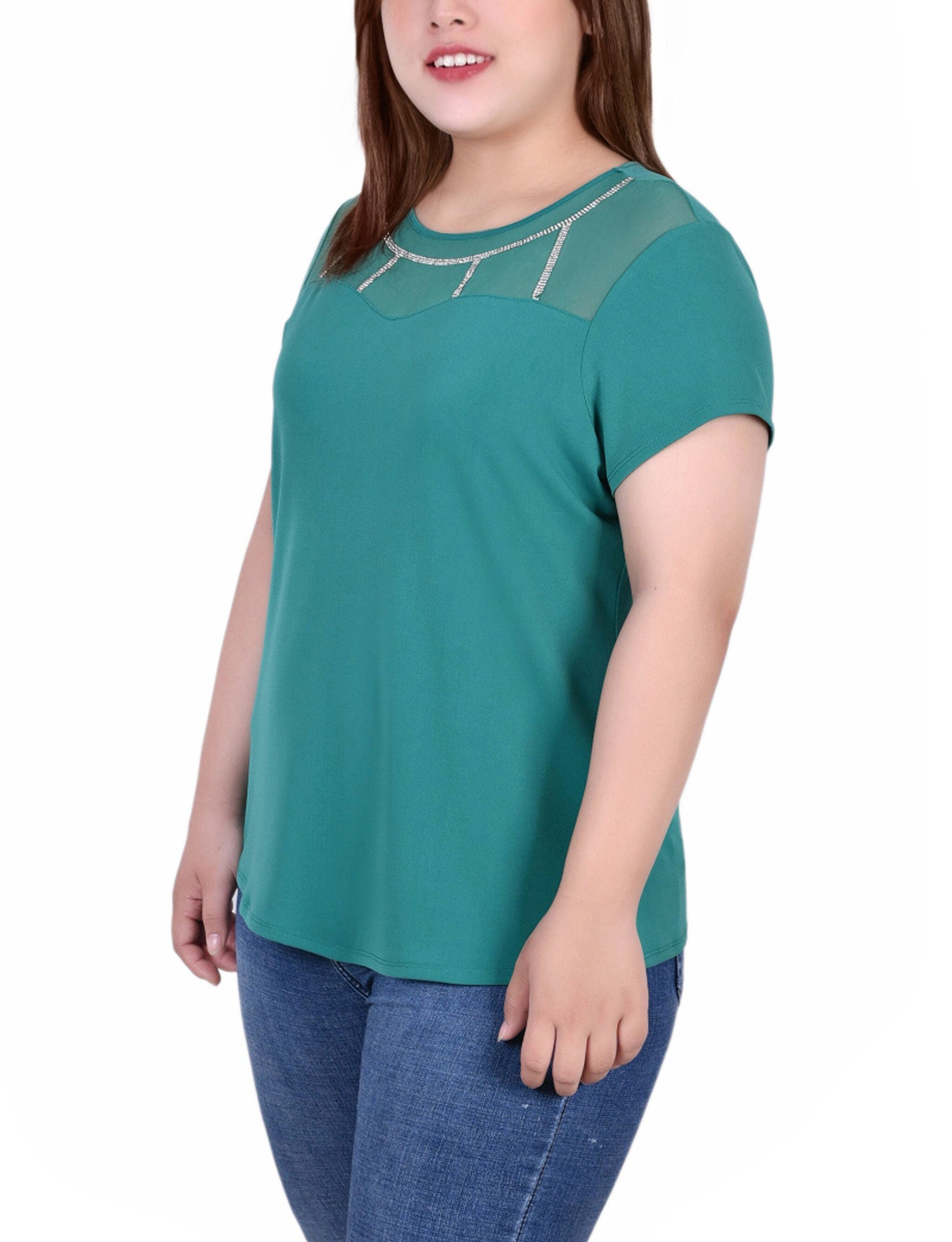 Short Sleeve Illusion Neck Top, Emerald, alternate image number 1