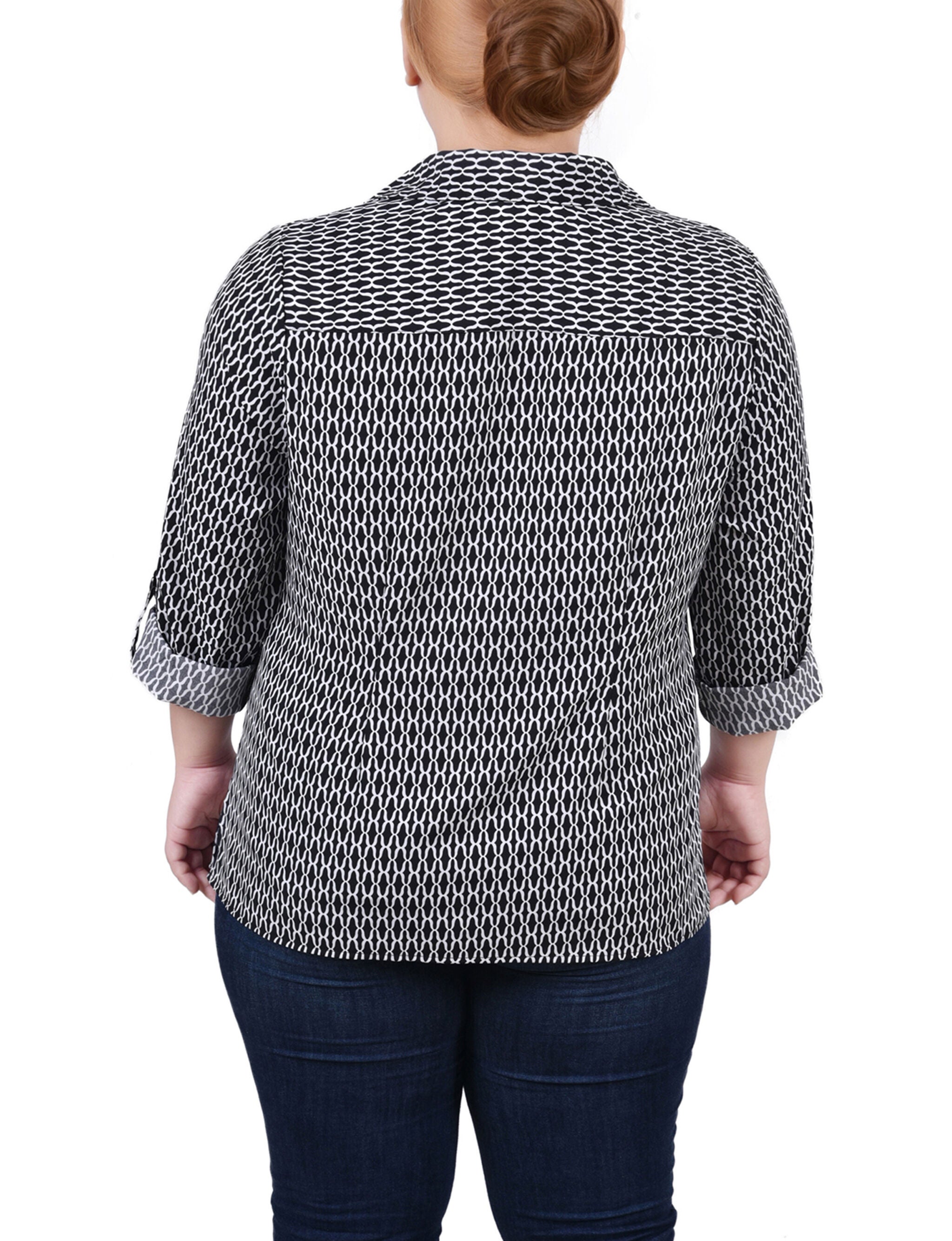 3/4 Roll Tab Blouse With Pockets, Black White Justin, alternate image number 2