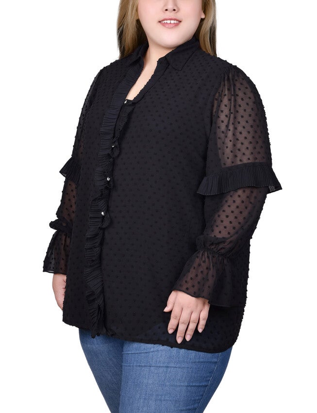 Long Sleeve Dotted Chiffon Blouse, Black, alternate image number 1