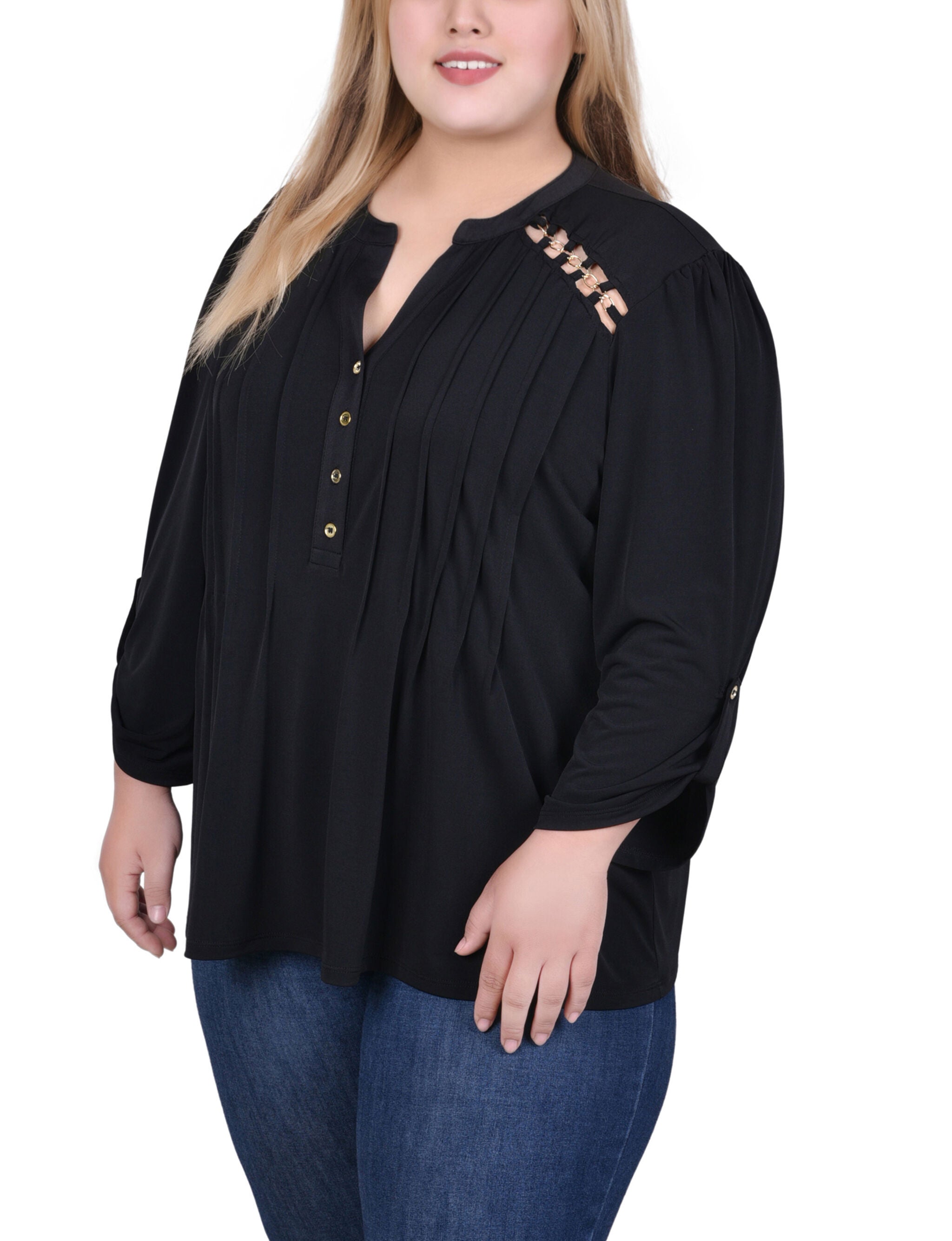 Long Sleeve Pintuck Front Top With Chain Details, Black, alternate image number 1