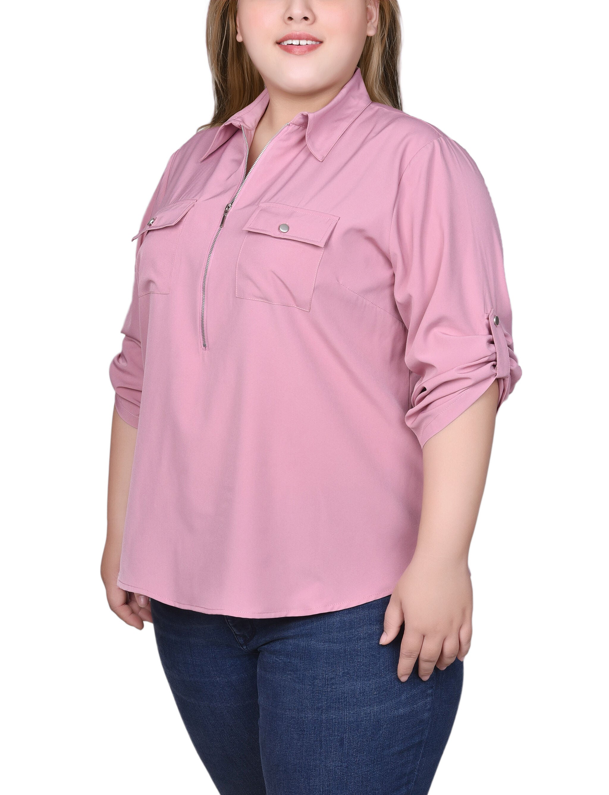 3/4 Roll Tab Sleeve Zip Front Top, Lilas, alternate image number 2