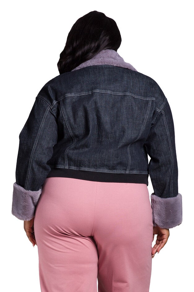 Women's Plus Size Zip Up Faux Fur Trim Trucker Jacket, , alternate image number null