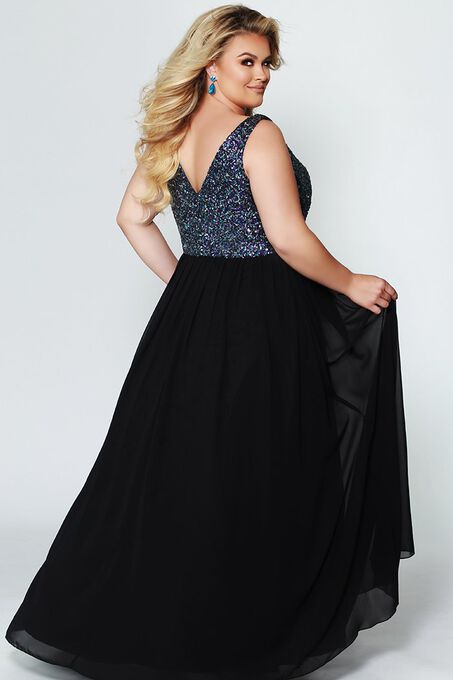 Starry Night Evening Dress Multi Color Sequin and Black Chiffon Plus Size Empire Gown, , alternate image number null