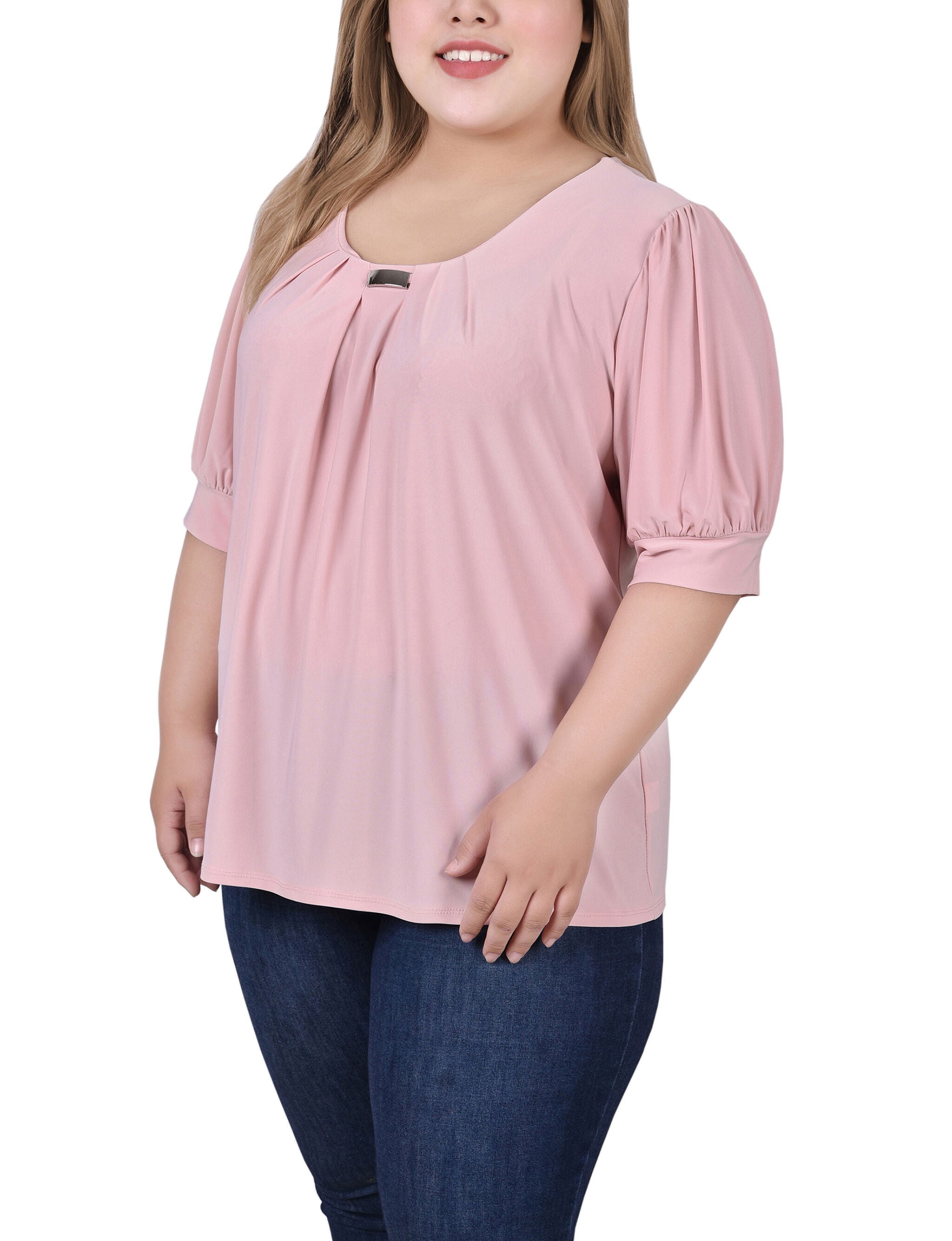 Short Sleeve Balloon Sleeve Top With Hardware, Mellow Rose, alternate image number 2