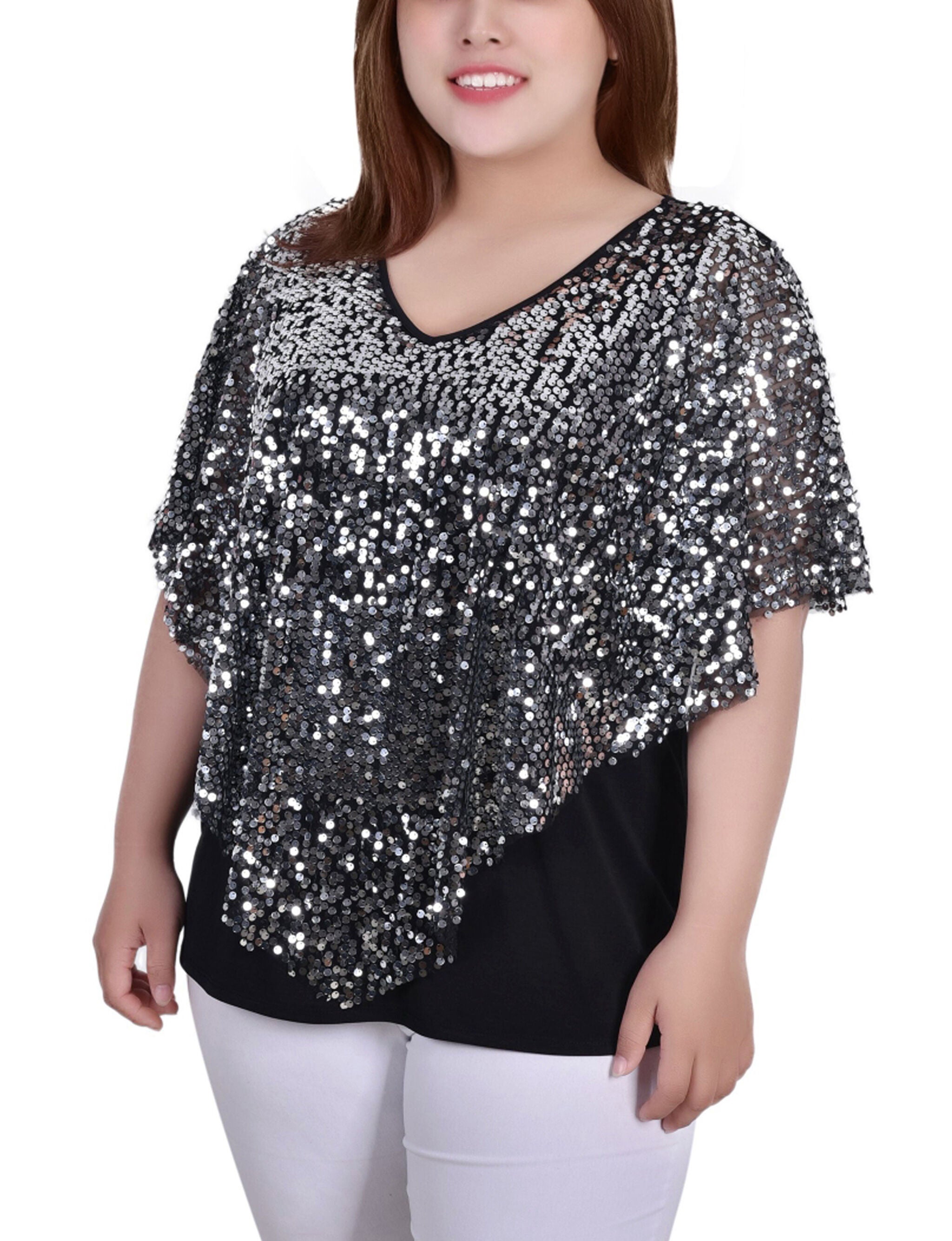 Short Sleeve Sequined Poncho, Silver Discoball, hi-res image number 0