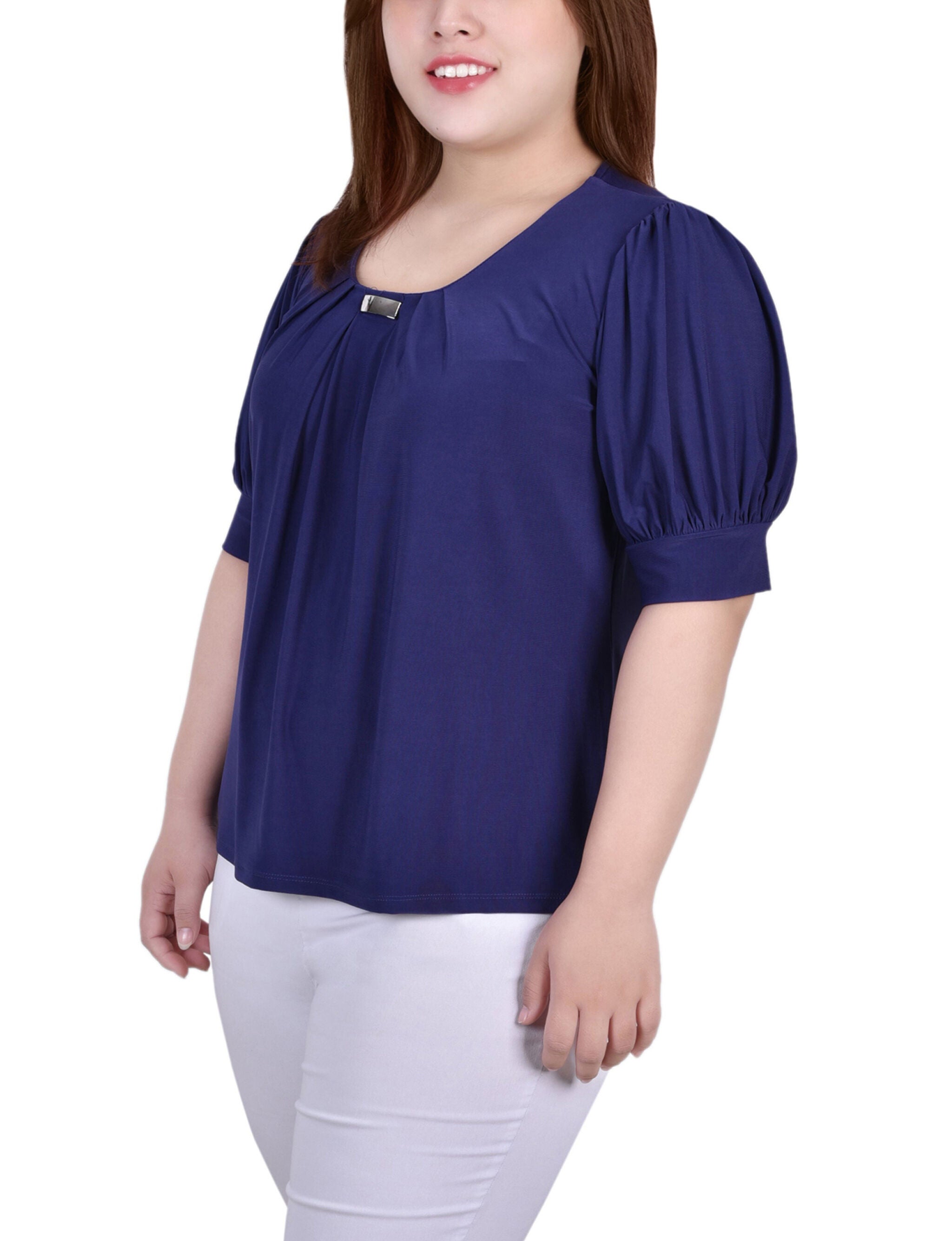 Short Sleeve Balloon Sleeve Top With Hardware, Patriot Blue, alternate image number 1