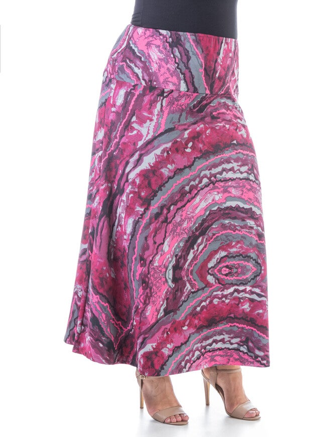 Pink Print Elastic Waist Ankle Length Plus Size Maxi Skirt, , alternate image number null