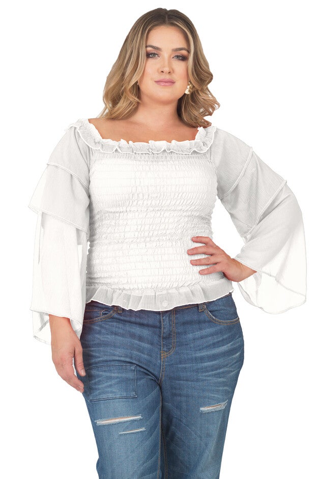Women's Plus Size Long Sleeved Smocked Blouse Tierd Sleeve Off-The-Shoulder Floral Print, Off White, hi-res image number null