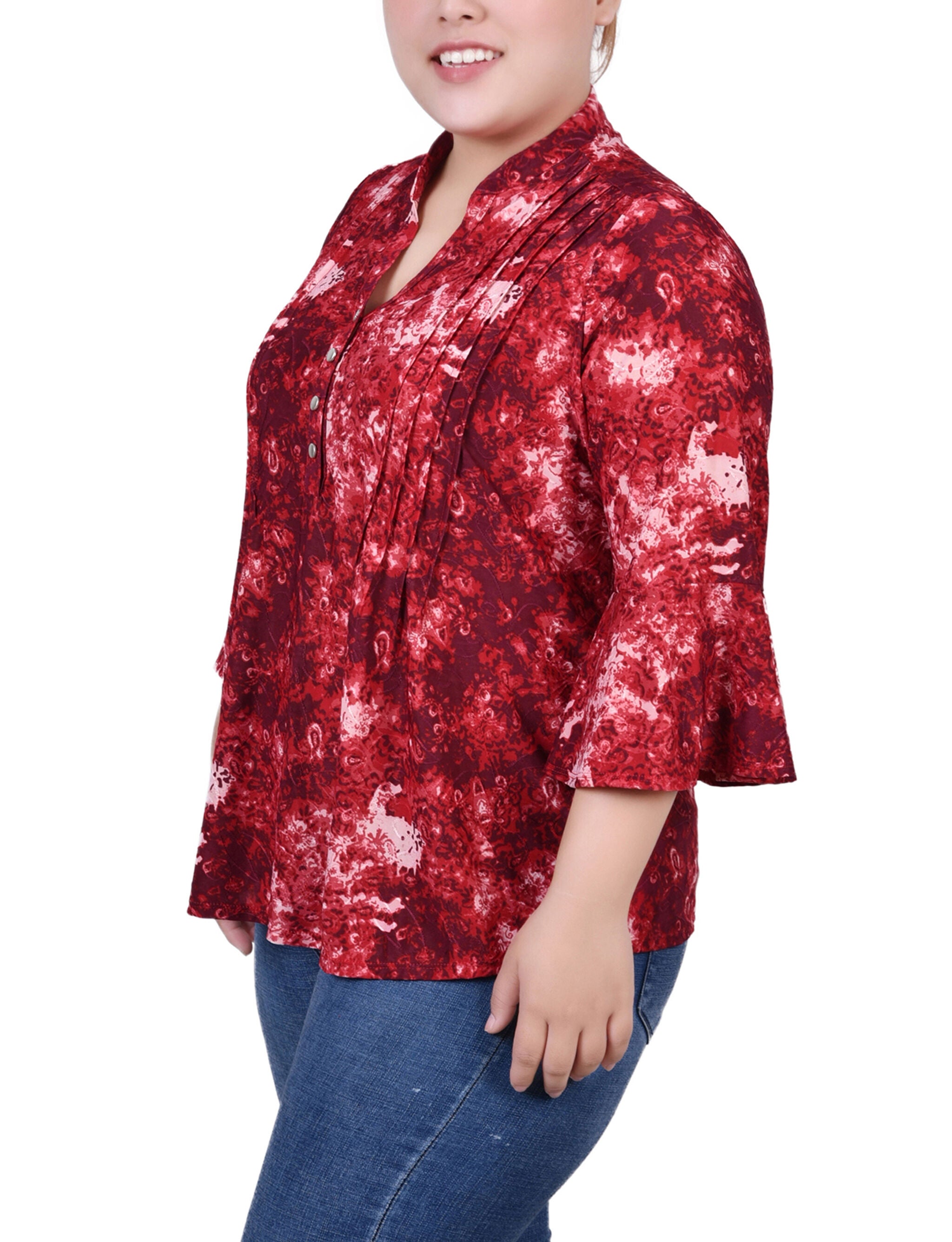 3/4 Bell Sleeve Pleat Front Y Neck Top, Wine Geobreeze, alternate image number 1