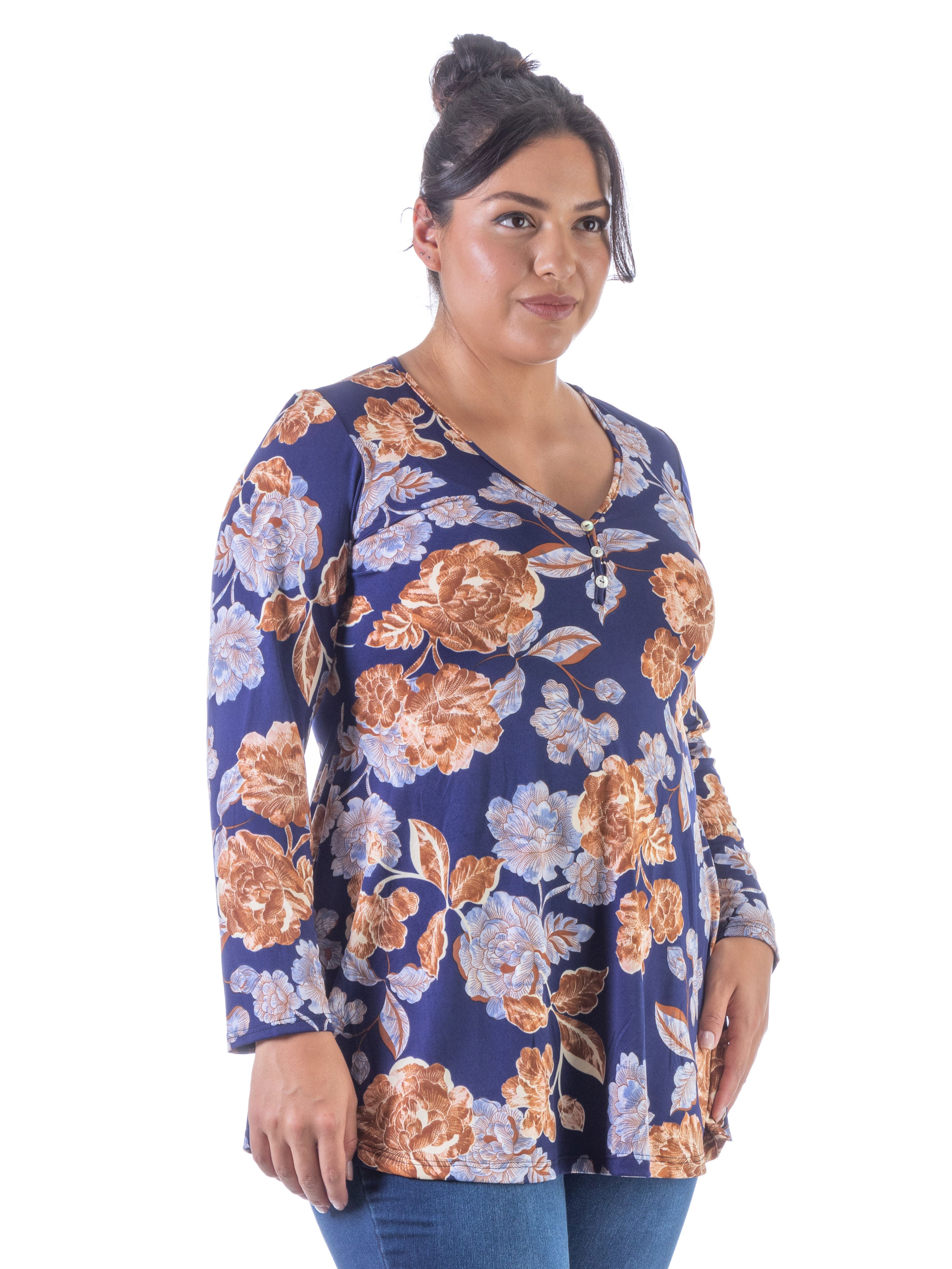 Blue Floral Long Sleeve V Neck Plus Size Tunic Top, , alternate image number 2