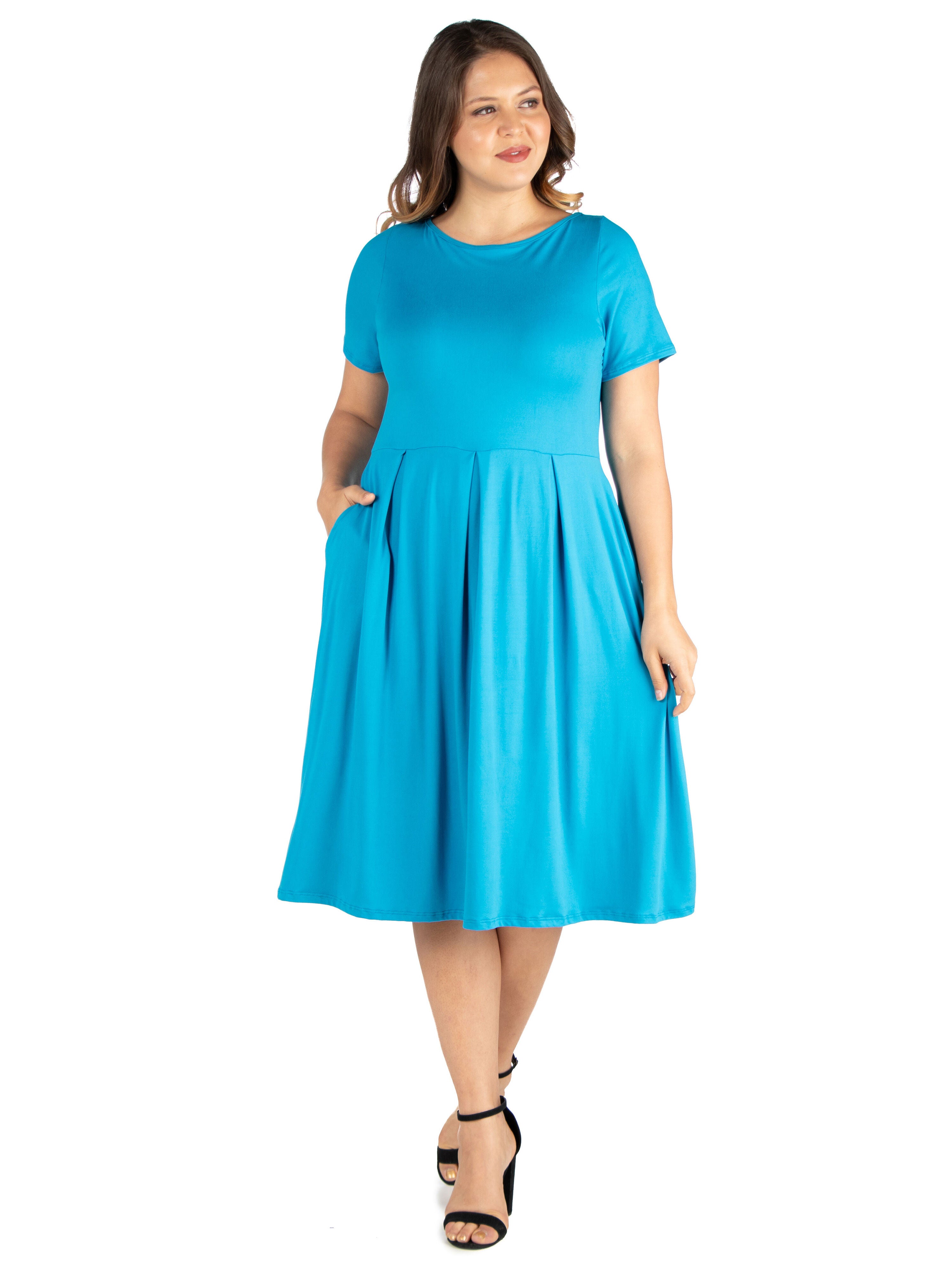 Short Sleeve Plus Size Midi Skater Dress With Pockets, Turq, hi-res image number 0