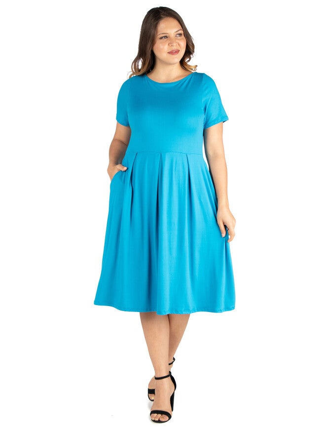 Short Sleeve Plus Size Midi Skater Dress With Pockets, Turq, hi-res image number 0