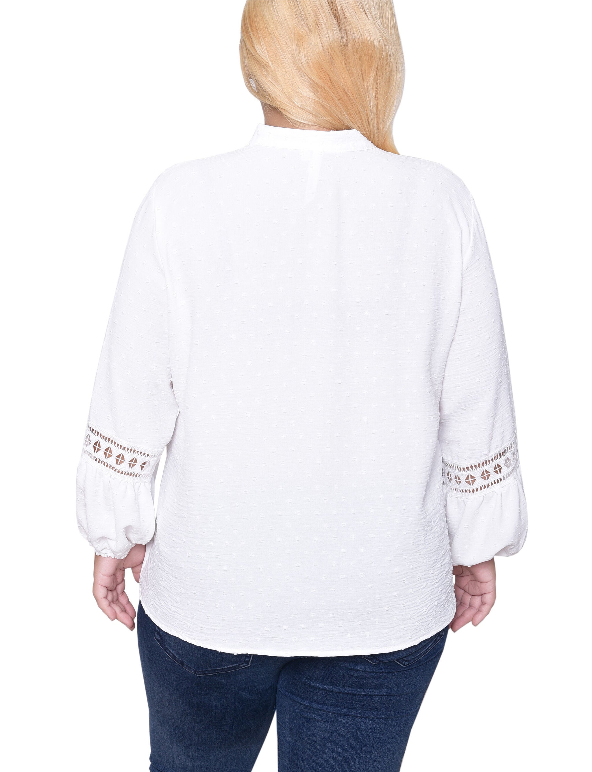 Long Sleeve Blouse With Crochet Trim, Ivory, alternate image number 3