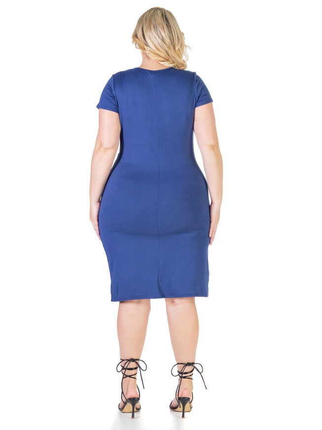 Short Sleeve V Neck Plus Size Faux Wrap Dress, , alternate image number 1