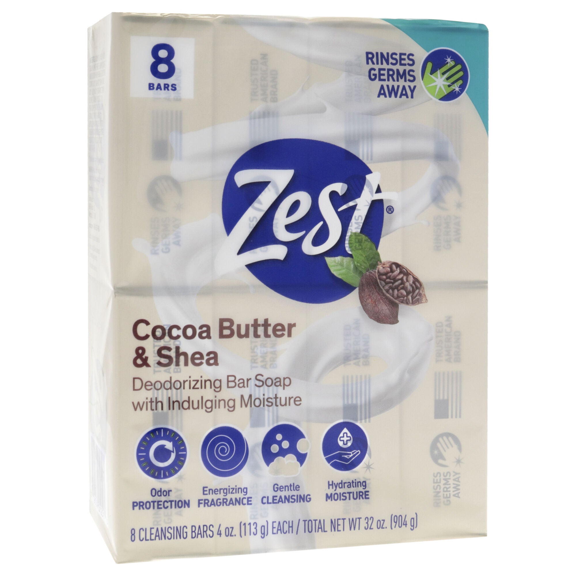 Deodorant Bar Soap - Cocoa Butter and Shea by Zest for Women - 8 x 4 oz Bar Soap, See Description, alternate image number 1