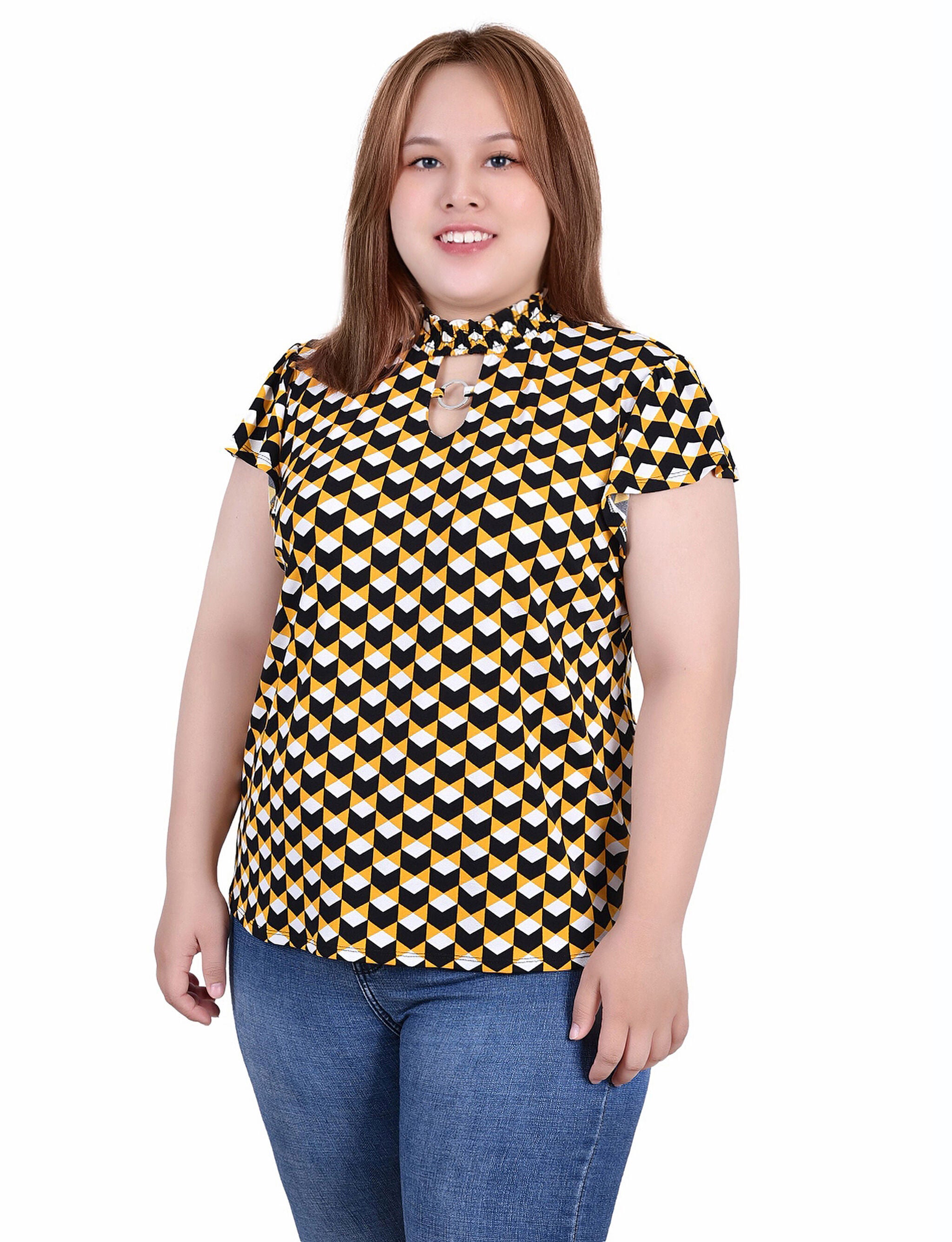 Short Flutter Sleeve Mock Neck Top, Golden Black Cube, hi-res image number 0
