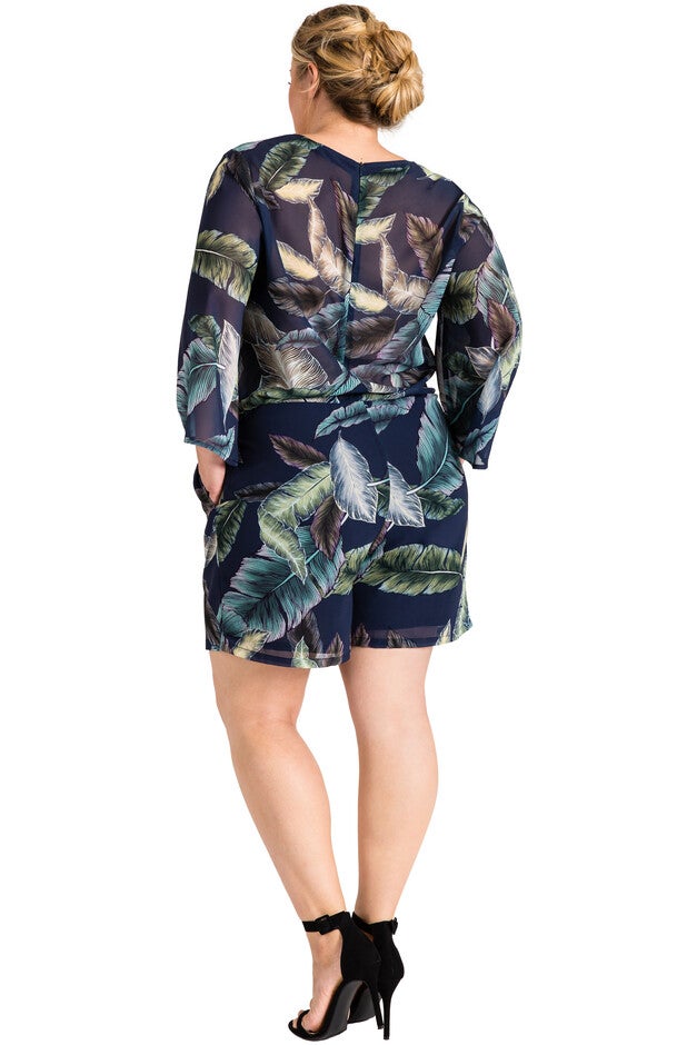 Plus Size Women's Tropical Leaf Bell Sleeve Lace-Up Romper, , alternate image number null