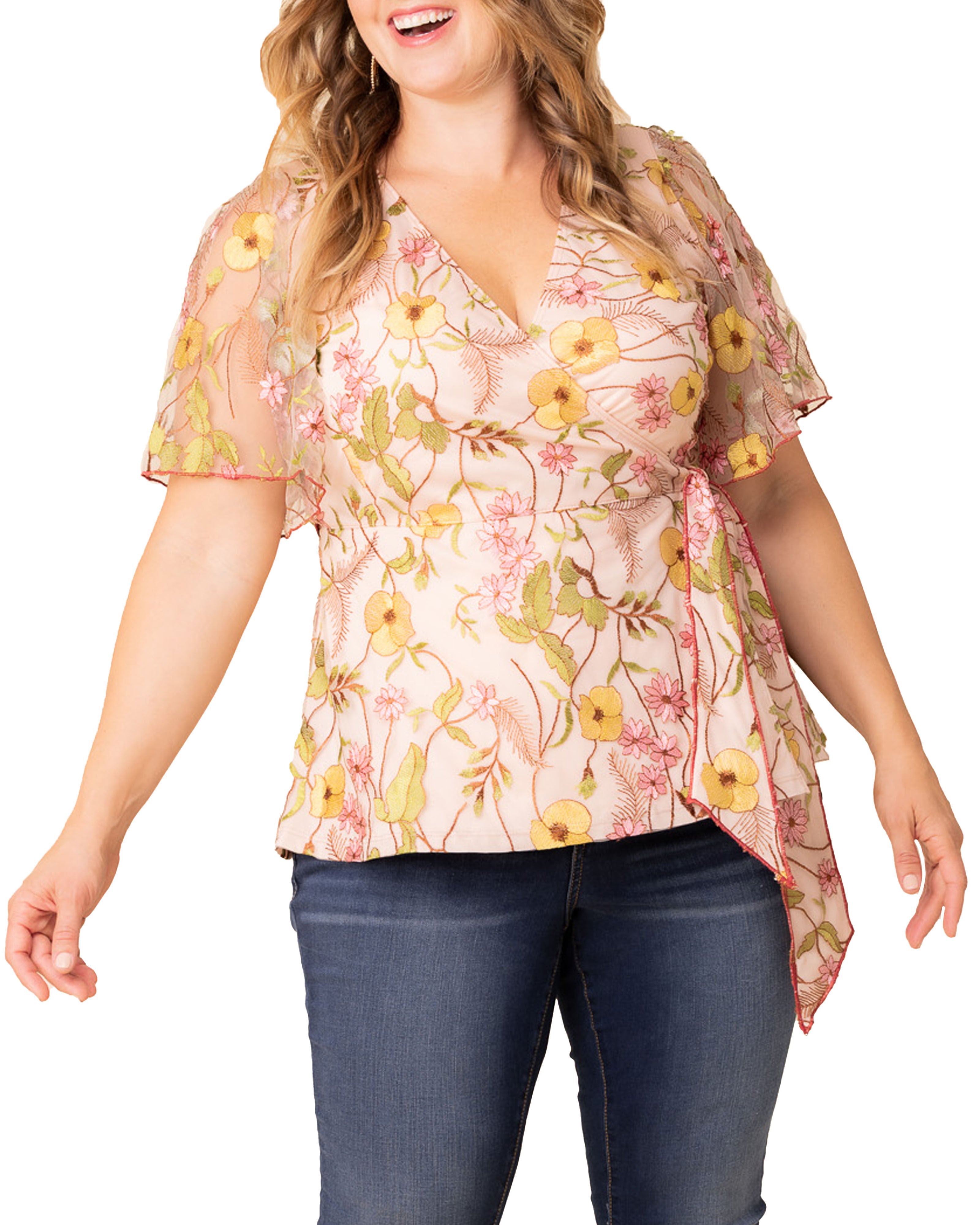 Rosalie Embroidered Wrap Top, DAWN GARDEN / Pink, hi-res image number 0