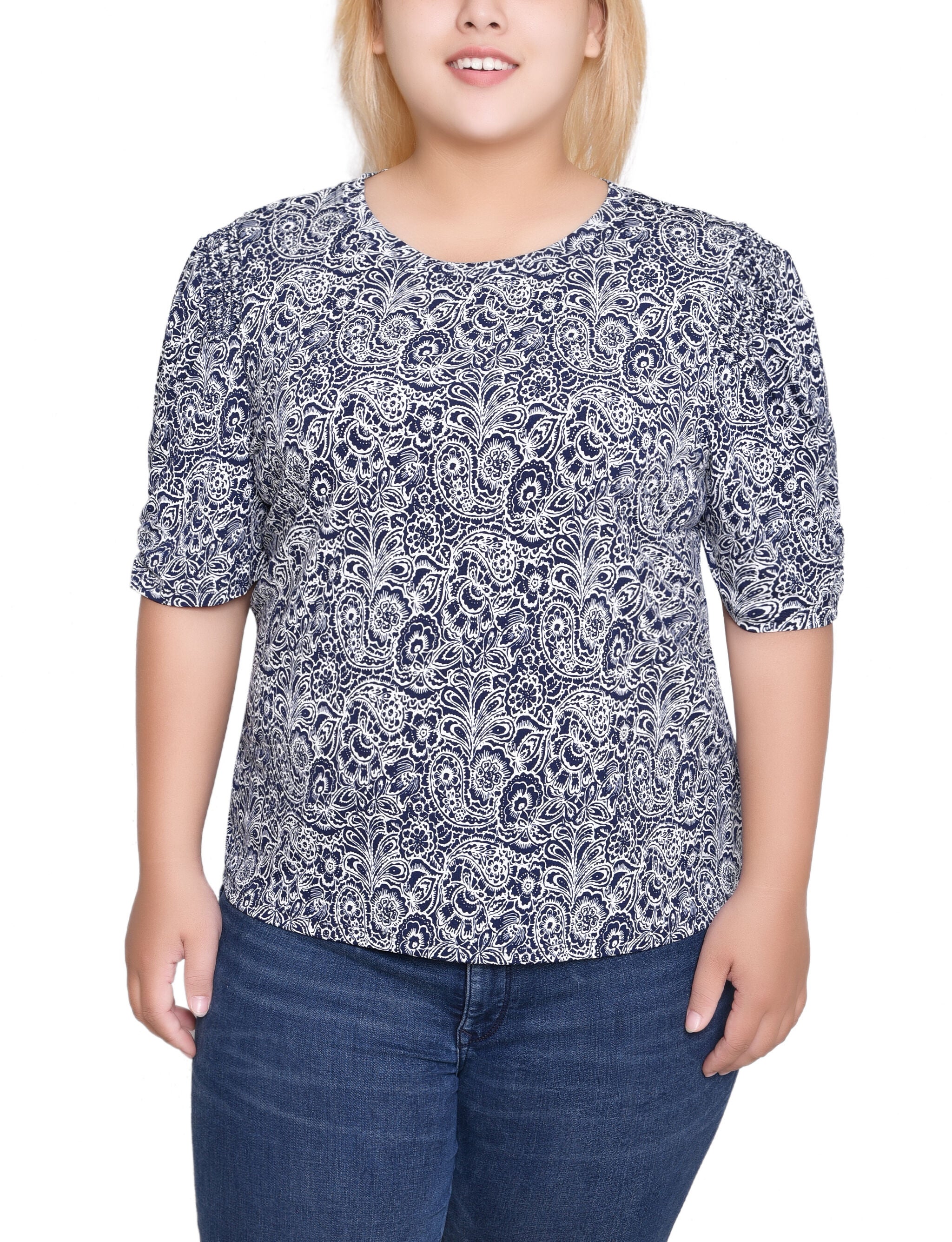 Short Sleeve Scoop Neck Top, Navy Paisley, hi-res image number 0