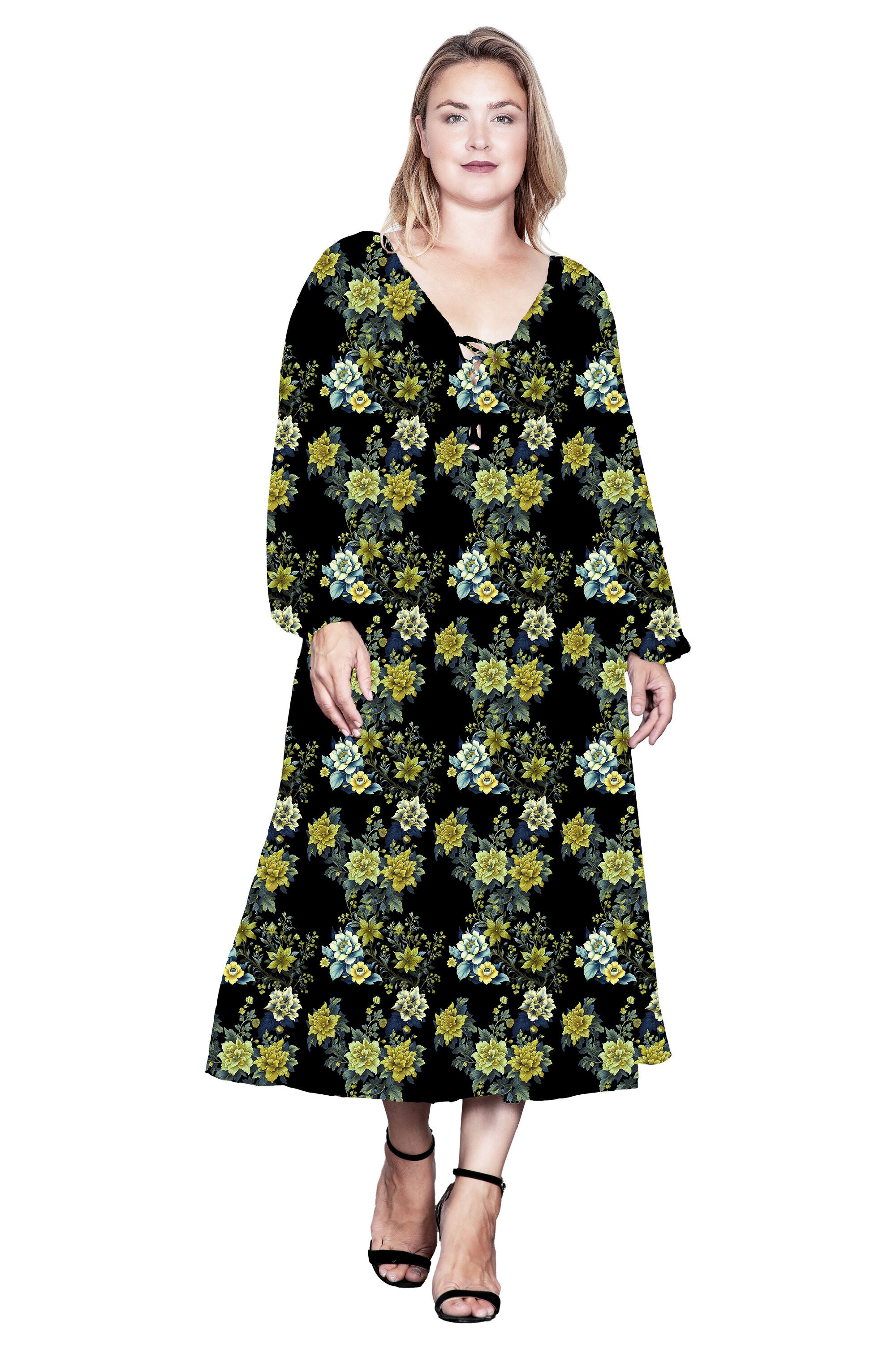 Floral-Print Sheer Sleeve Midi Dress, Blackabstract / Black, hi-res image number 0