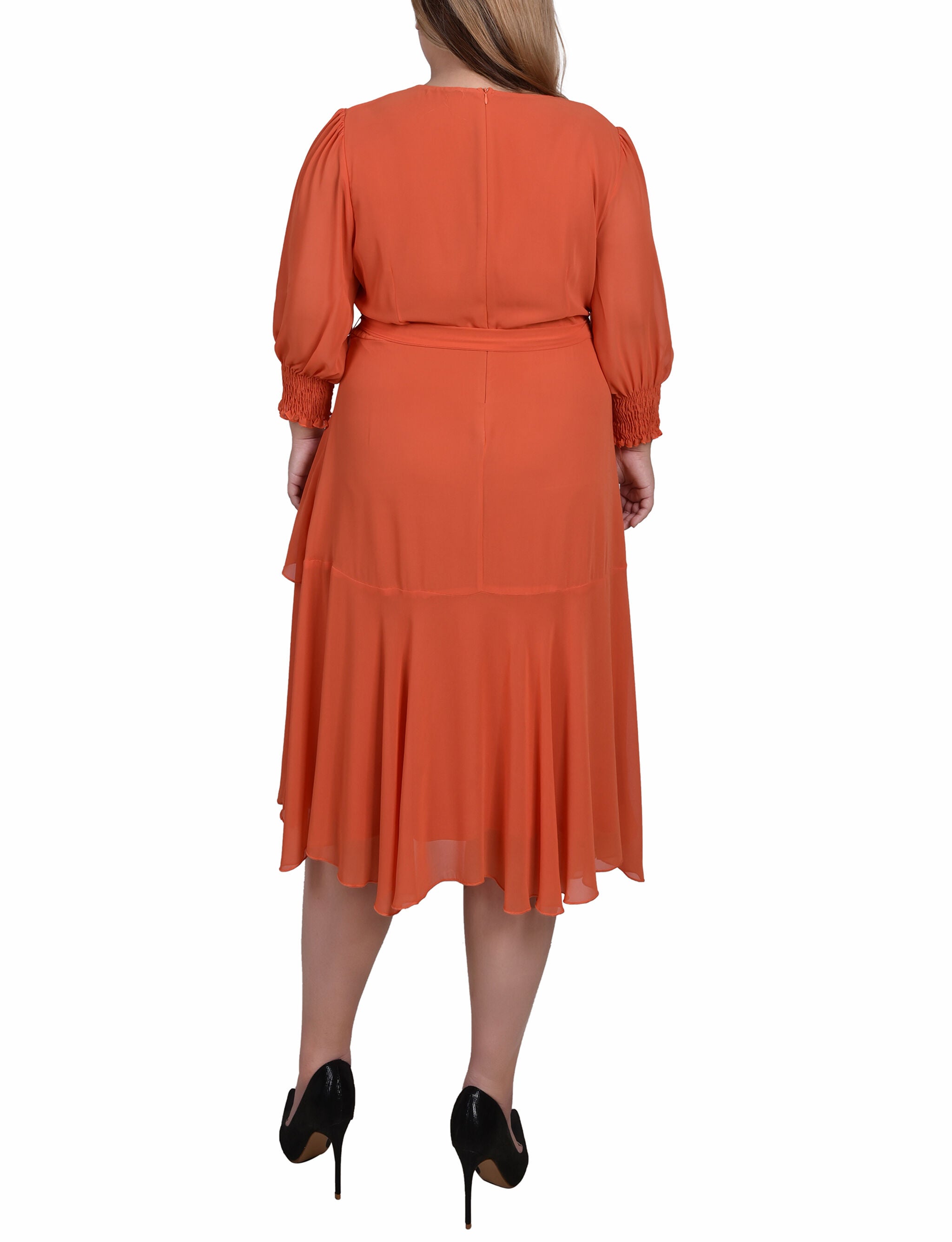 3/4 Sleeve Belted Chiffon Hankerchief Hem Dress, Orange Rust, alternate image number 2