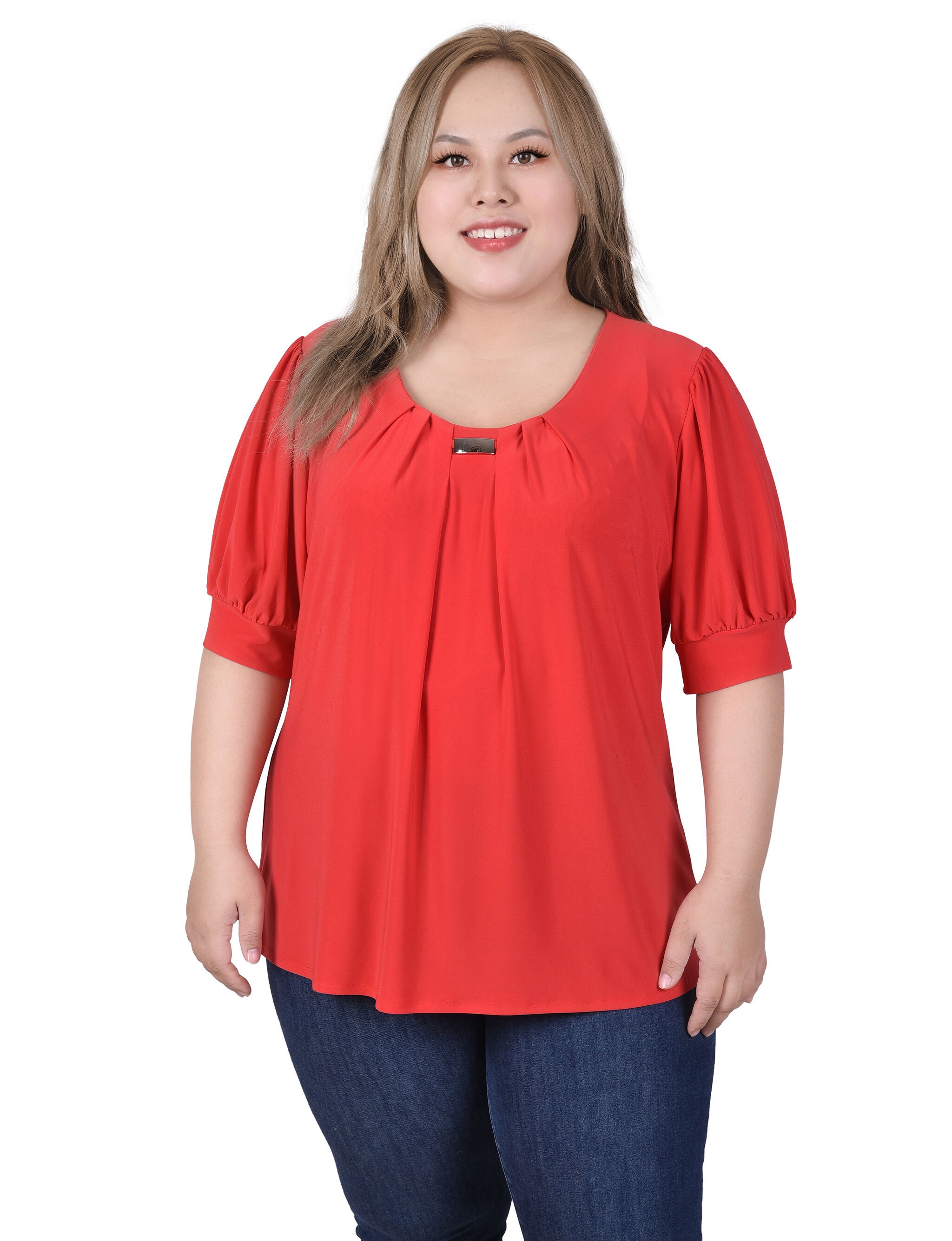 Short Sleeve Balloon Sleeve Top With Hardware, Lava, hi-res image number 0
