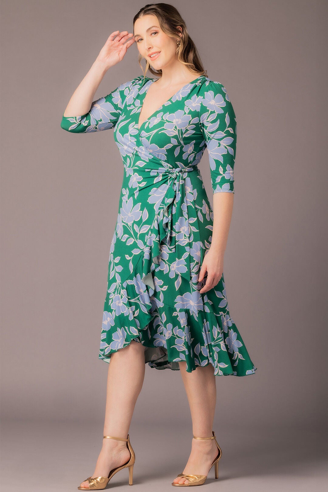 Flirty Flounce Wrap Dress, Green  Blue Florals / Kelly Green, alternate image number 4