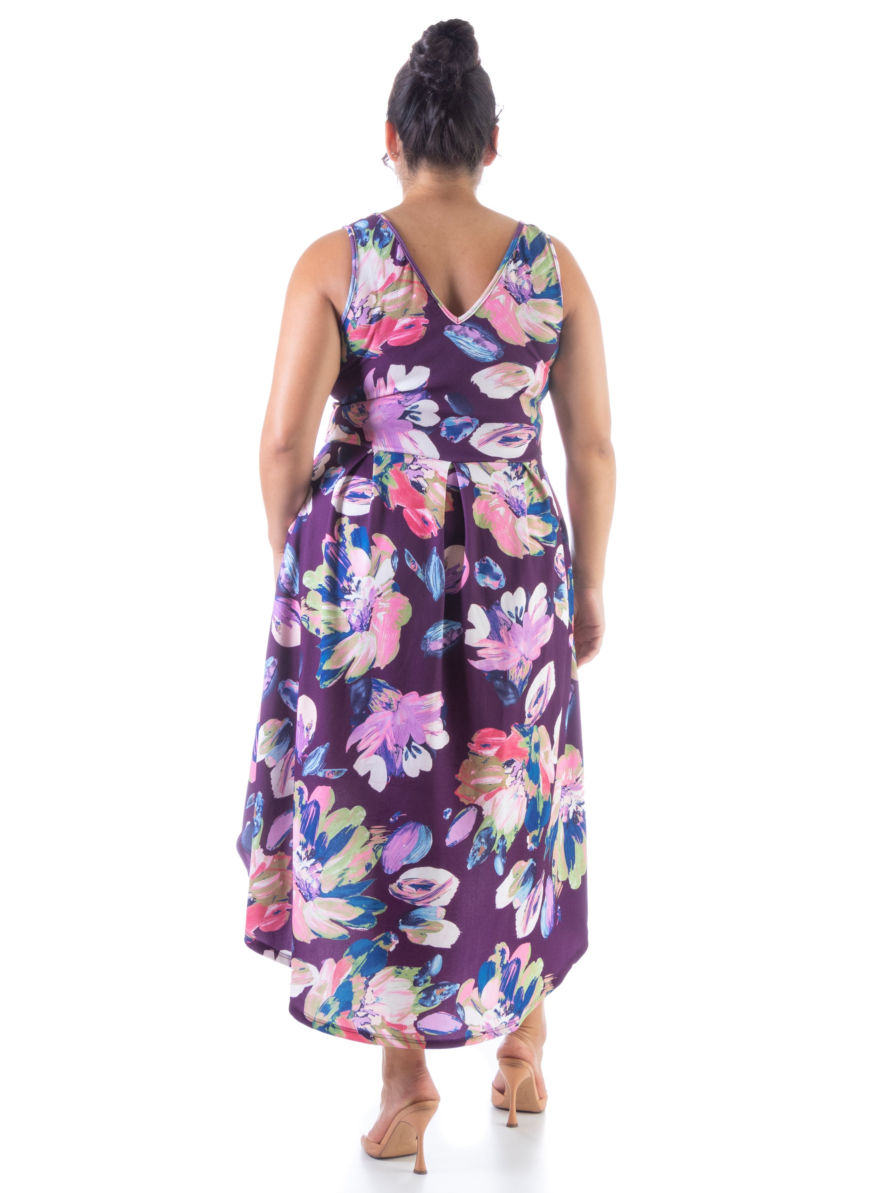 Purple Sleeveless Pleated High Low Plus Size Pocket Dress, , alternate image number 1