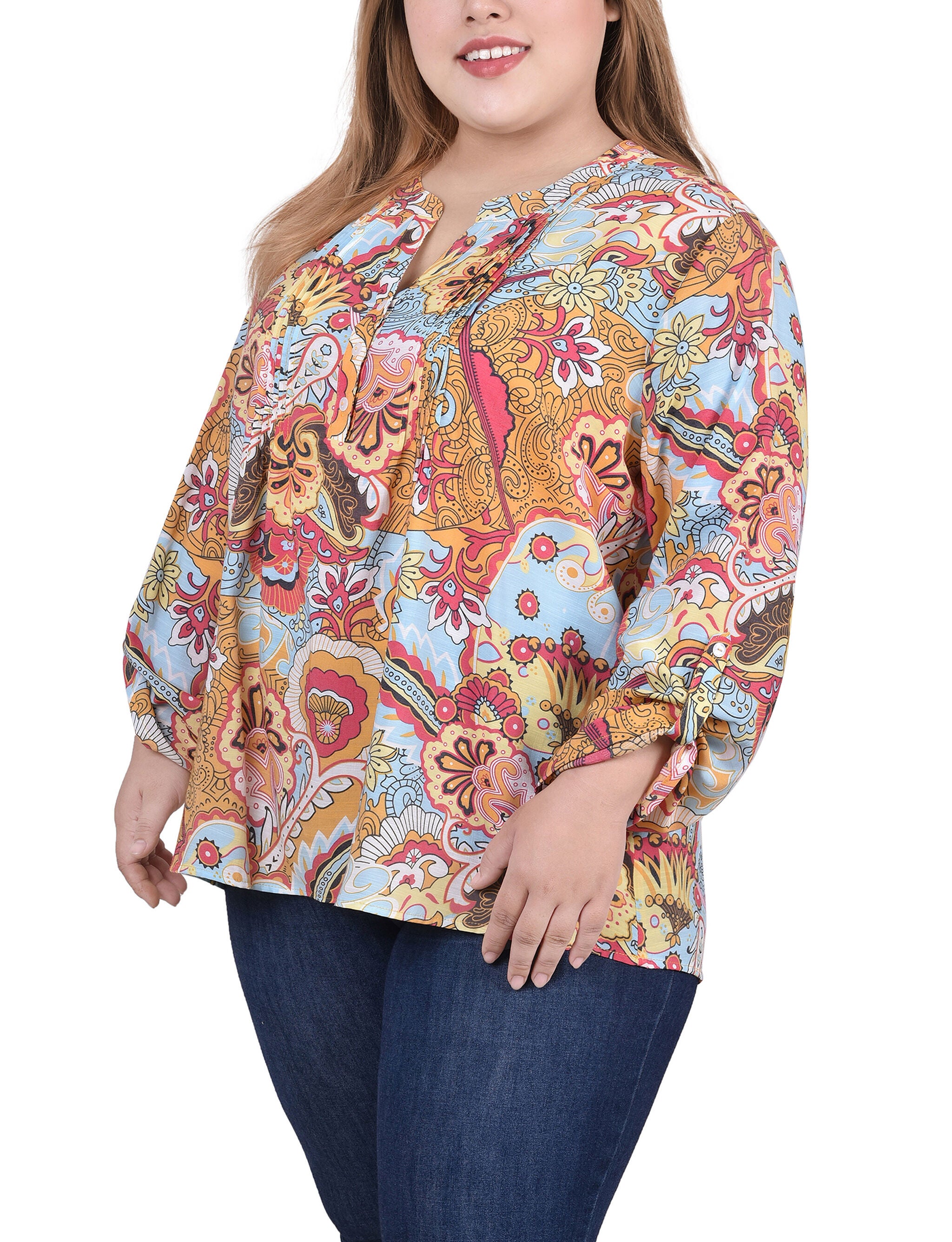 Long Roll Tab Sleeve Pintuck Front Blouse, Blue Orange Floral Paisley, alternate image number 1