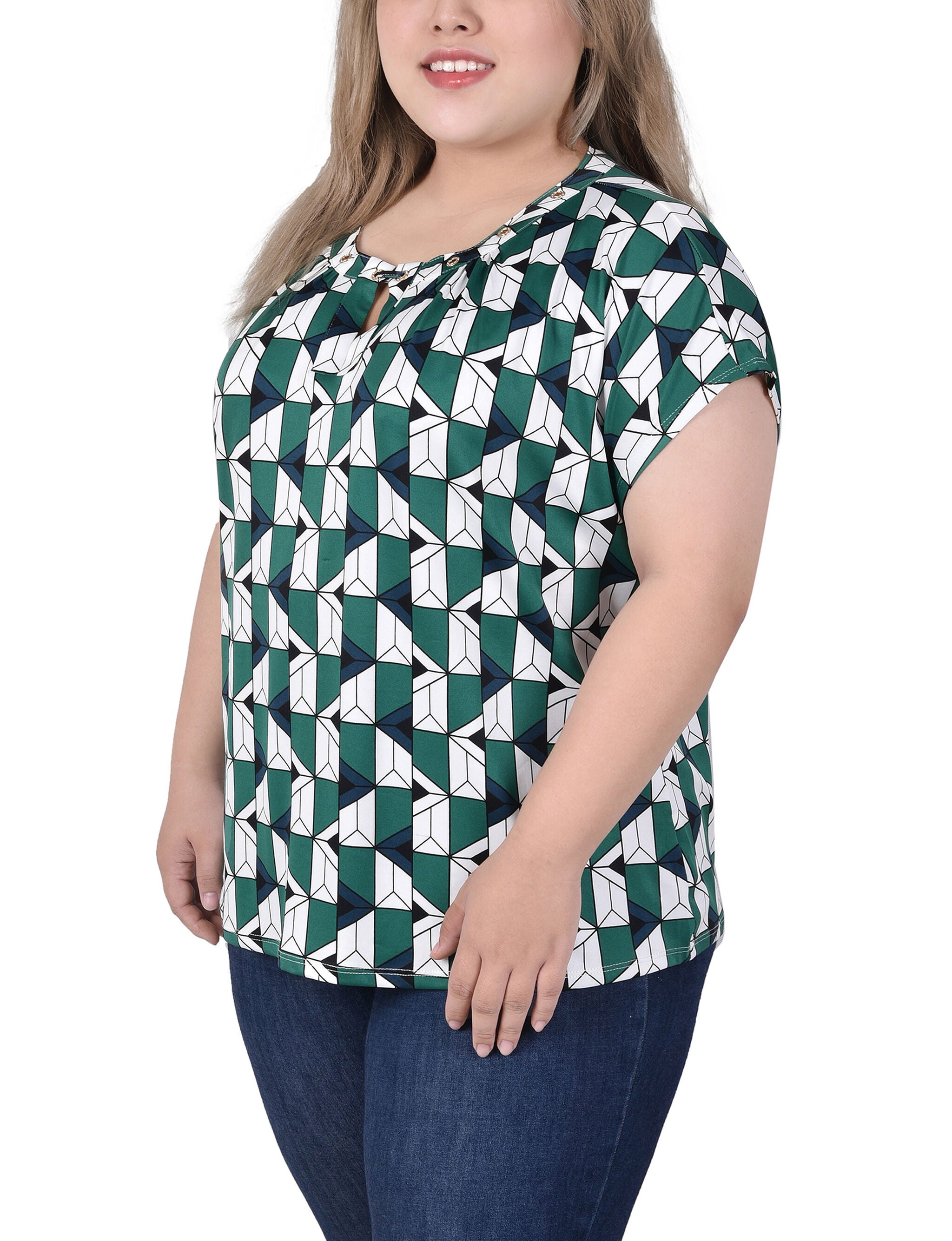 Extended Sleeve Top With Grommets, Kelly Green Ivory Geo Link, alternate image number 1
