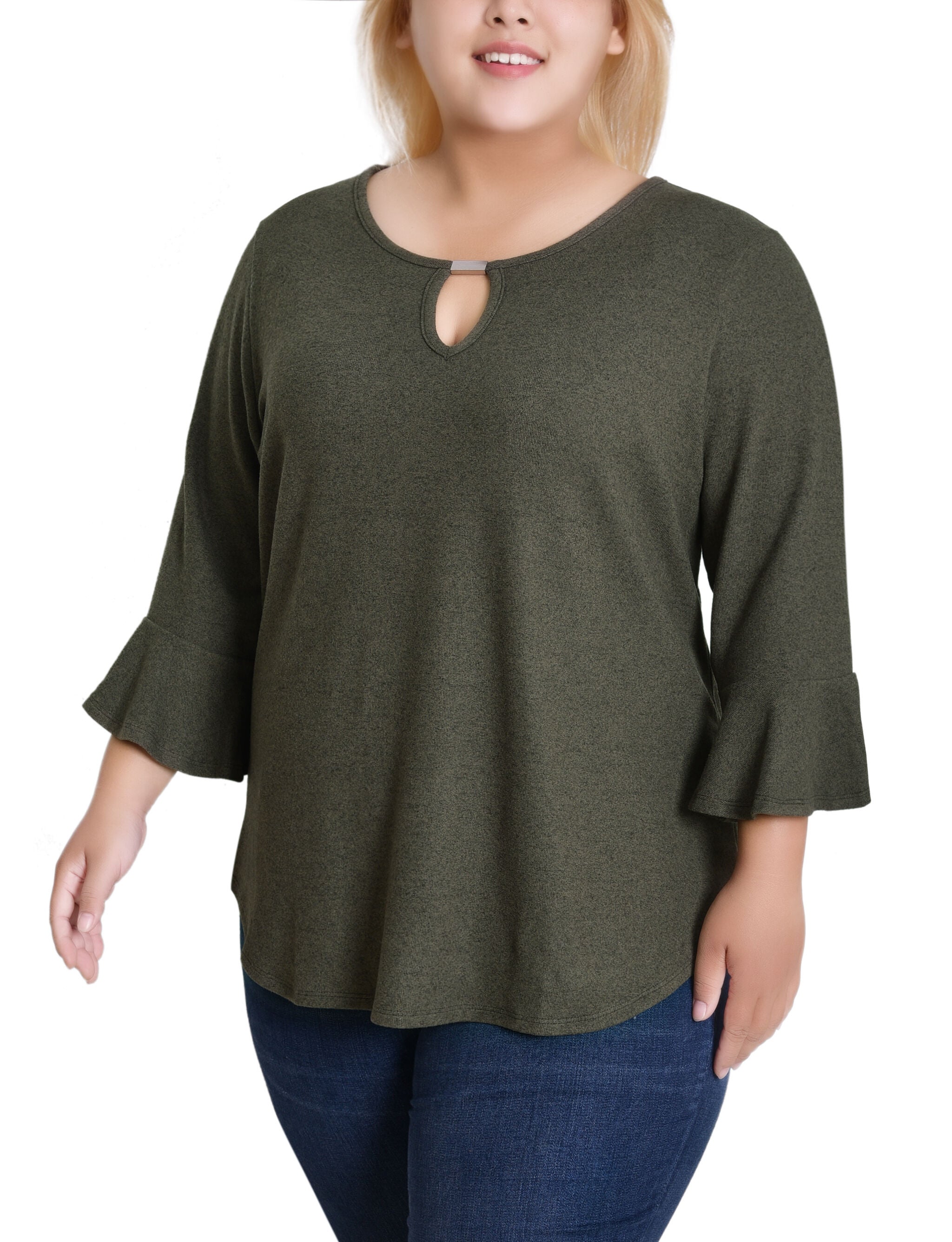 Plus Size 3/4 Bell Sleeve Top With Hardware, Hunter Green, alternate image number 1