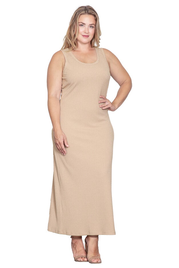 Sleeveless Rib-Knit Maxi Dress, Wheat / Beige, alternate image number null