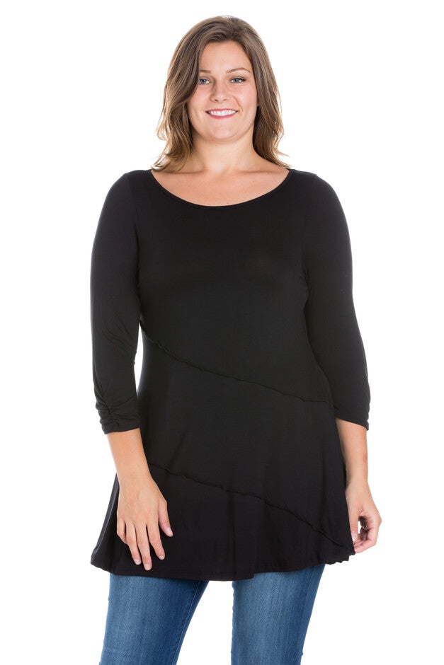 Ruched Sleeve Swing Plus Size Tunic Top, Black, hi-res image number null