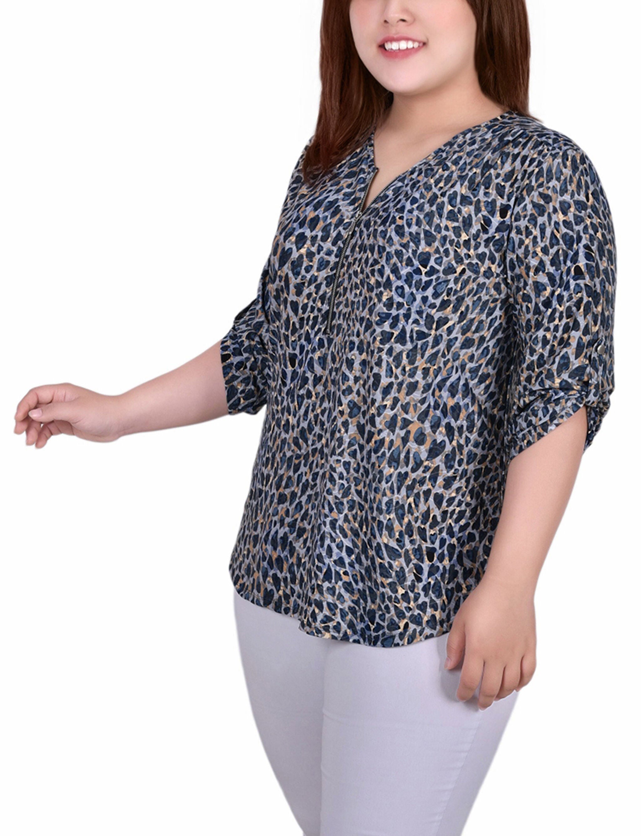 3/4 Roll Tab Zip Front Jacquard Knit Top, Snow Leopard, alternate image number 1