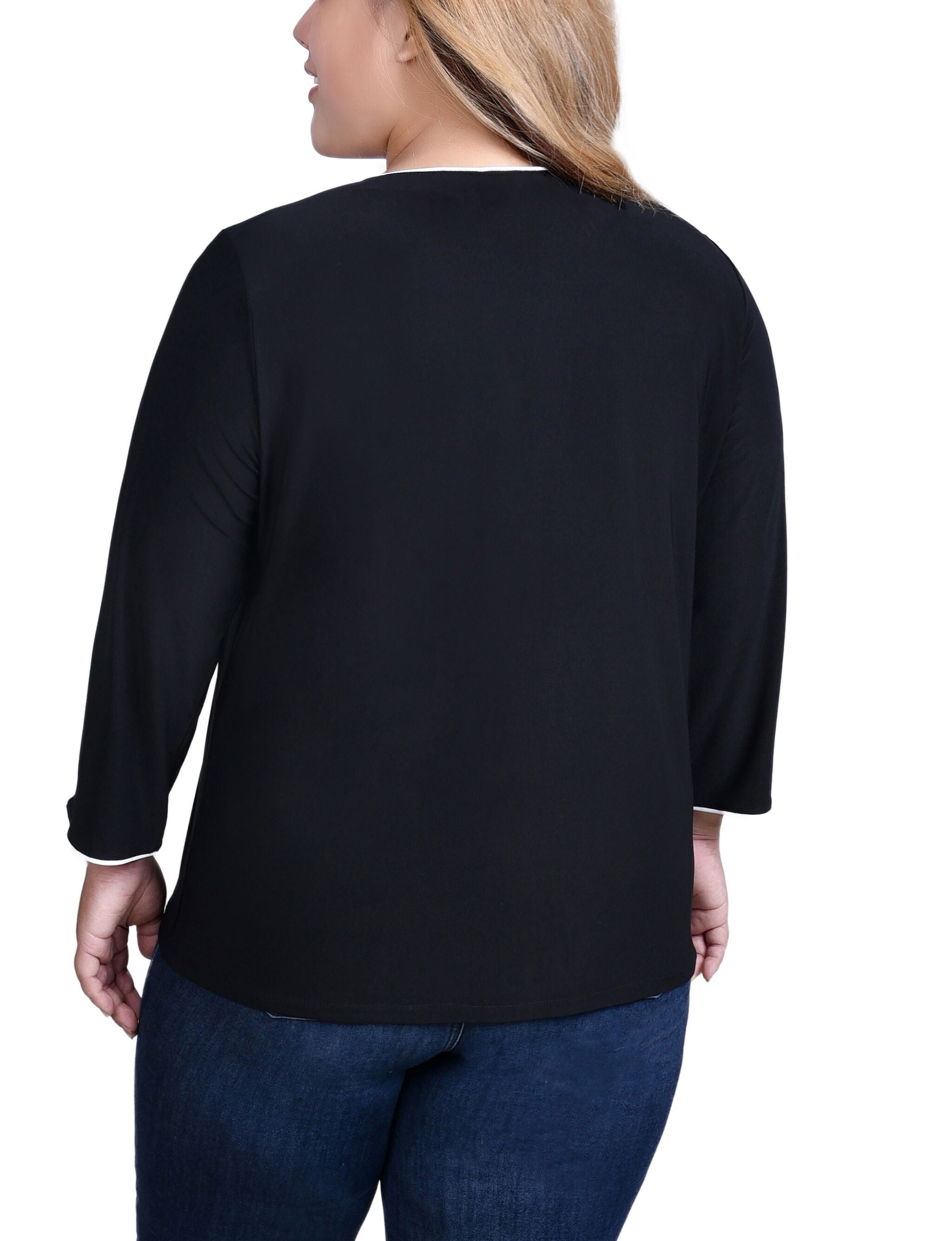3/4 Sleeve Piped Top, Black White, alternate image number 2
