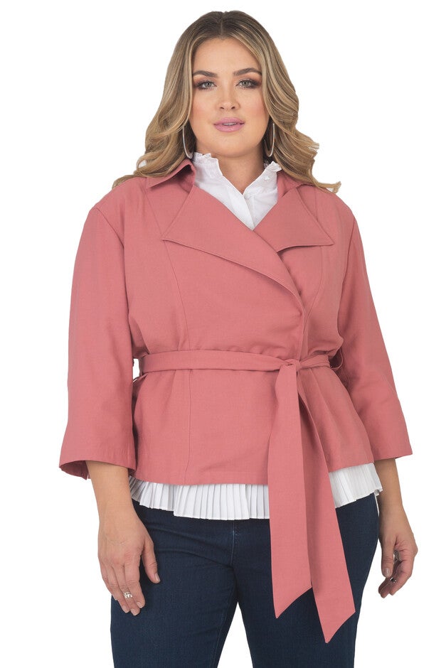 Women's Plus Size Cropped Quarter Sleeve Wrap Trench Jacket, Quartz Pink, hi-res image number null