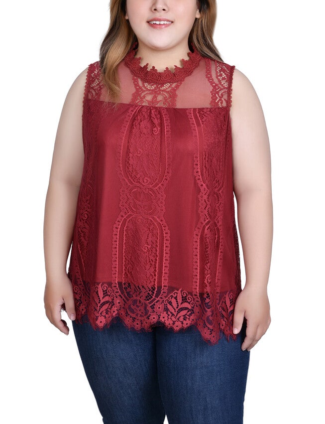 Sleeveless Mock Neck Lace Top, Rose Wood, hi-res image number 0